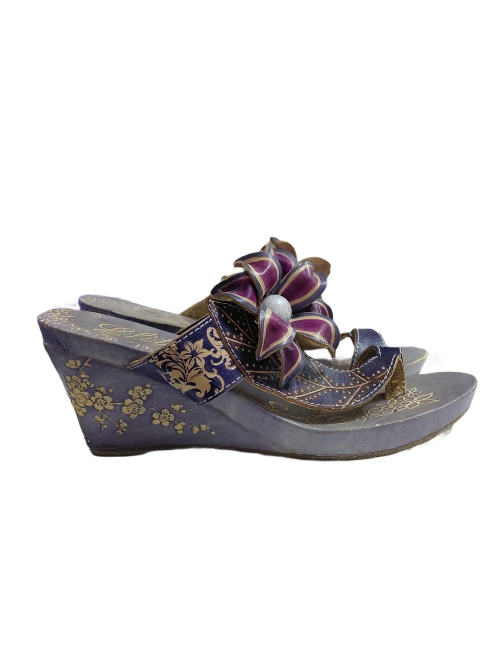 Elite Grapevine Blue And Purple Floral Wedge Sandals Size 8